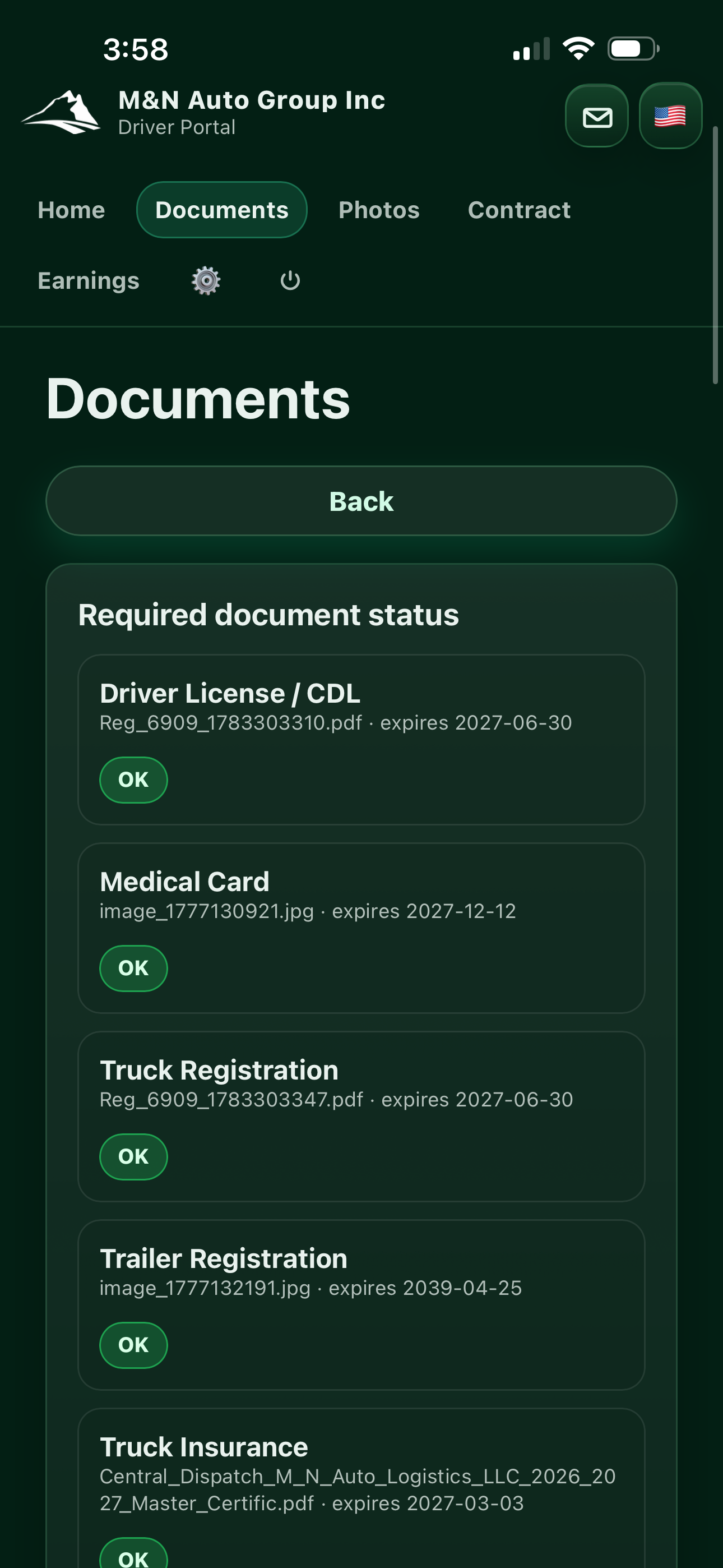 Driver documents status