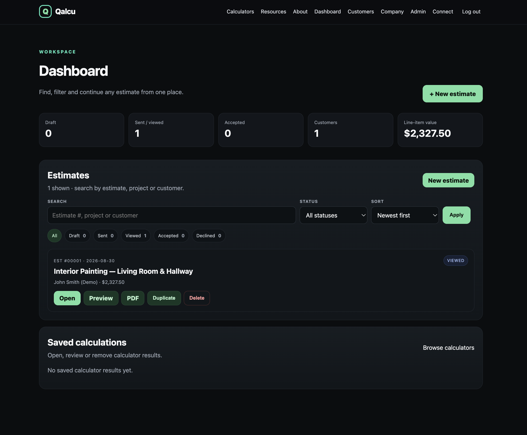 Qalcu dashboard with estimates and customers