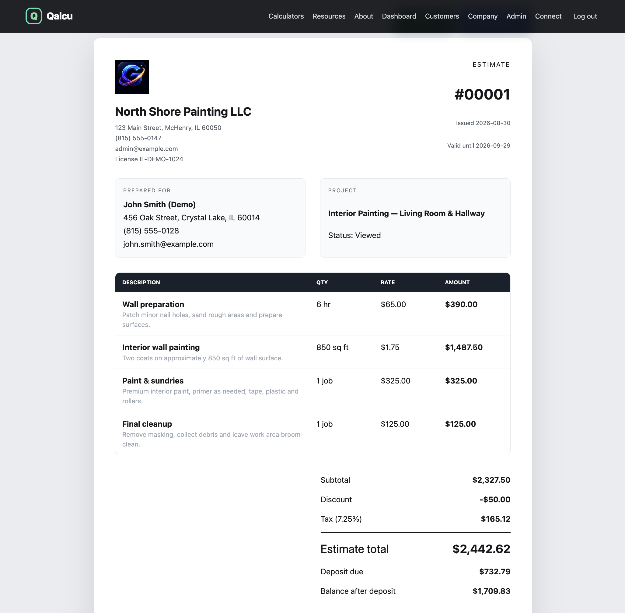 Professional contractor estimate created in Qalcu
